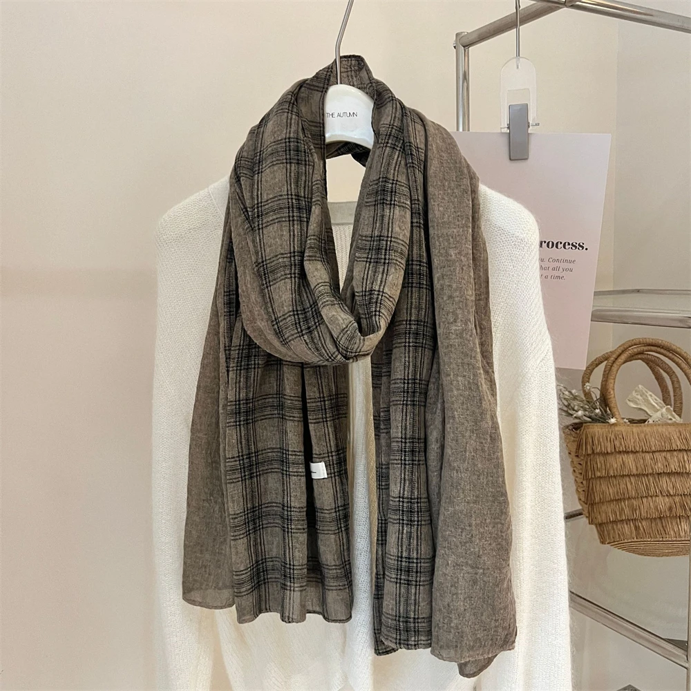 

High Quality Linen Plaid Scarf Vintage Unisex British Shawls Wraps Fashion Travel Holiday Beach Towel Summer Sunscreen Bufandas