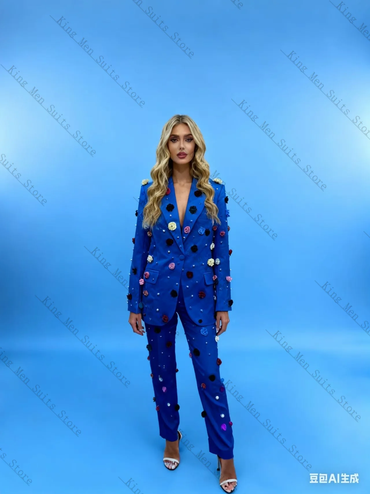 

Luxury Crystals Women Suit Set 2 Pcs Blazer+Pants Trousers 3D Flower Customized Formal Guest Wedding Tuxedos Party Coat Jacket