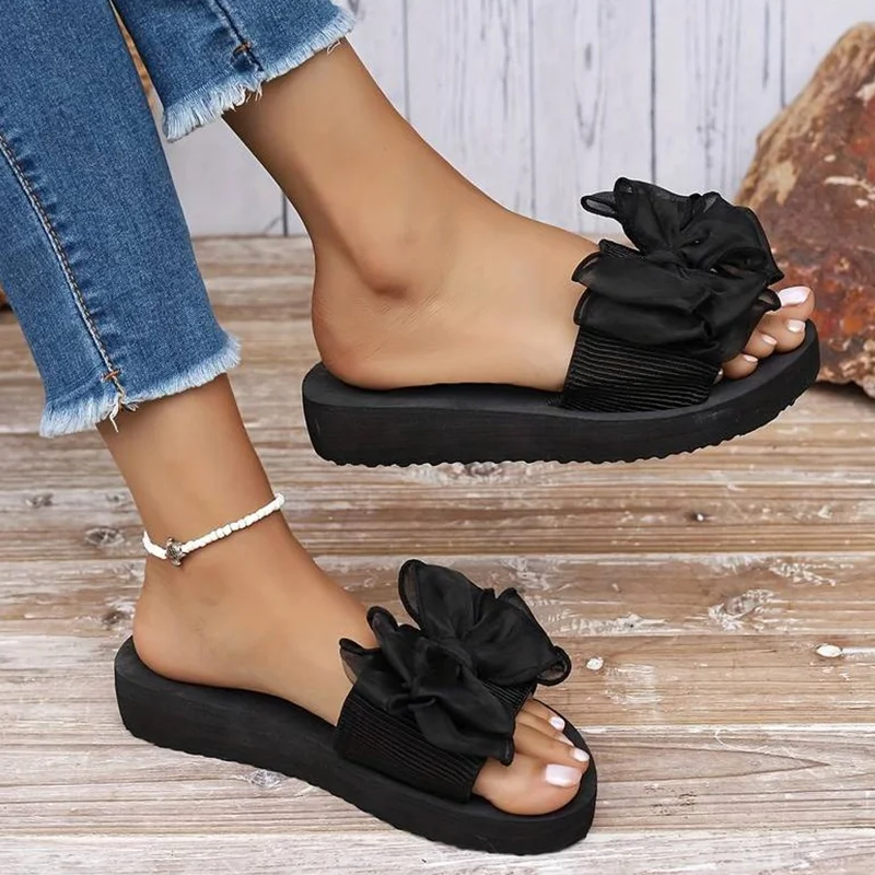Women's Bowknot Decor Slides, Slip On Lightweight Beach Slides, Non-slip Vacation Flats