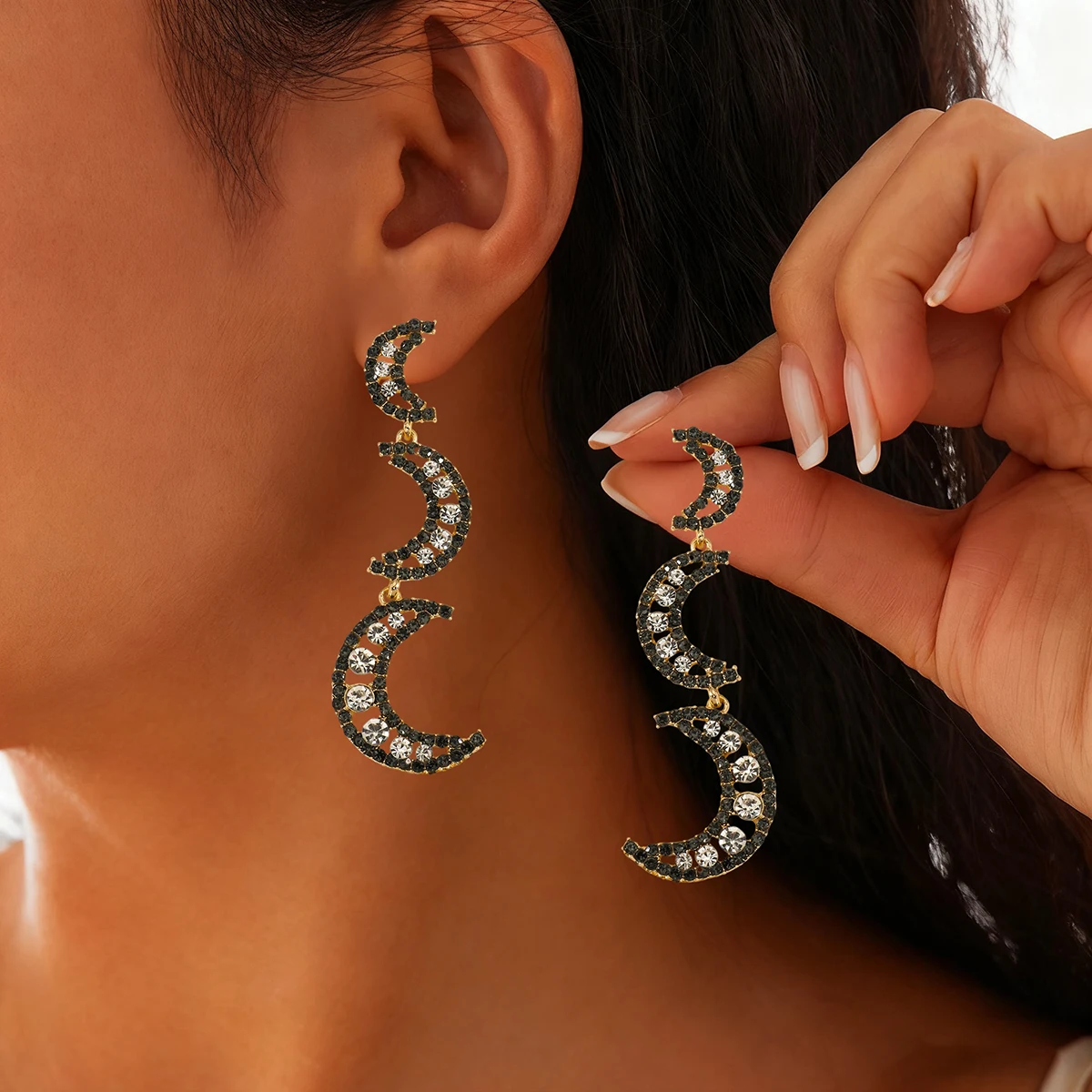

Black Rhinestone Moon Drop Earrings for Women Gold Plated Sparkly Crystal Tassel Statement Dangle Jewelry Party