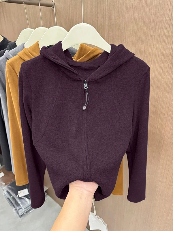 

Fashionable Double Zipper Hoodie Long Sleeve Women's Autumn Winter Loose Outerwear Top Trendy German Velvet Zipper Cardigan