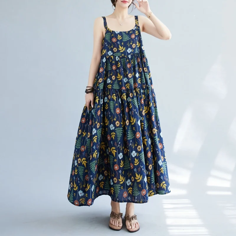 #6657 Blue Purple Backless A-line Dress Floral Printed Cotton Linen Spaghetti Strap Dress Women Loose Thin Ankle-length Summer