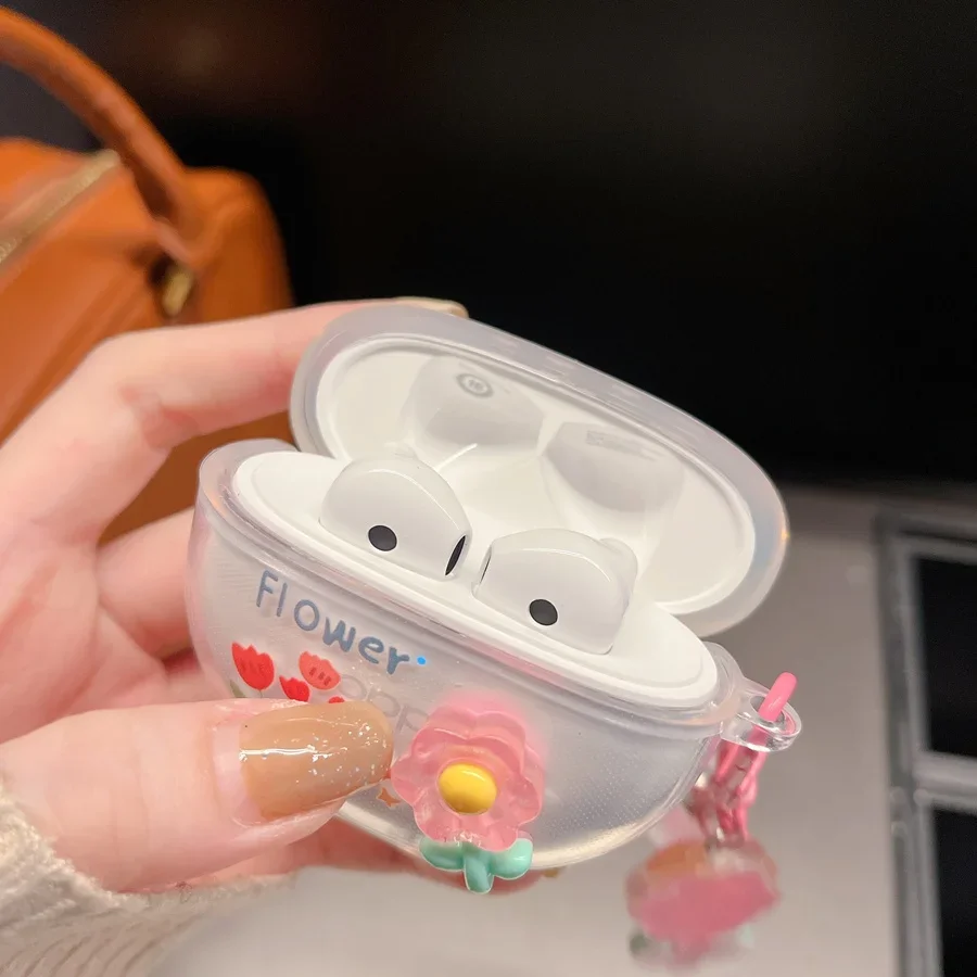For VIVO TWS 3E Cover Fashion Flower / cartoon keychain Silicone Transparent Earphone Cover cute For vivo tws 3e cover