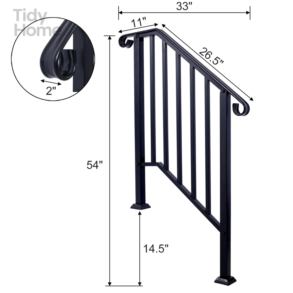 Handrails for Outdoor Steps, Fit 2 or 3 Steps Outdoor Stair Railing, Picket#2 Wrought Iron Handrail, Flexible Porch Railing