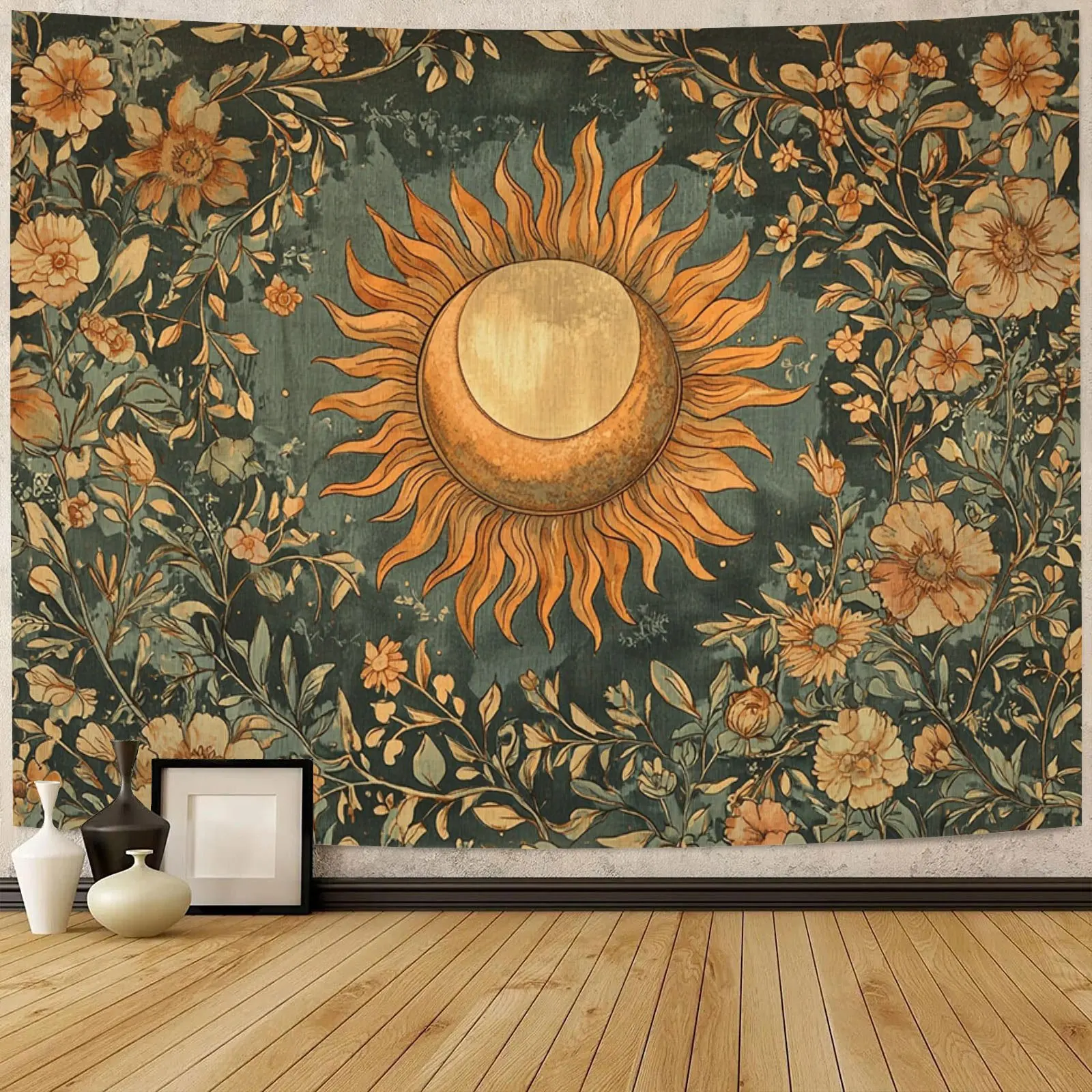 Sun And Moon Tapestry Vintage Bohemian Wall Hanging A Dreamy Scene Of The Sun Intertwined With Flowers. Suitable For Living Room