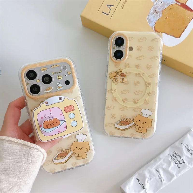 

Cute Cat Bread Oven Stand Magnetic Phone Case Shockproof Cover For iPhone 15 16 17 Pro Max For MagSafe Girls funda iPhone 17Pro