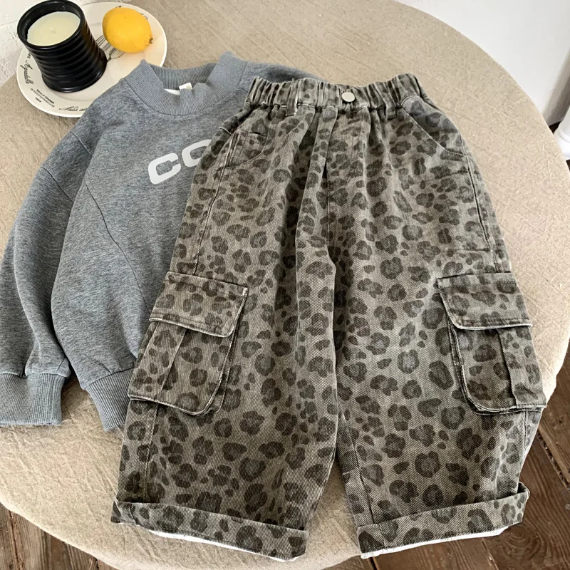 

Boys Girls Pant 2025 Autumn Spring Korean Style Kids Clothes Workwear Casual Versatile Stylish Leopard Print Pants