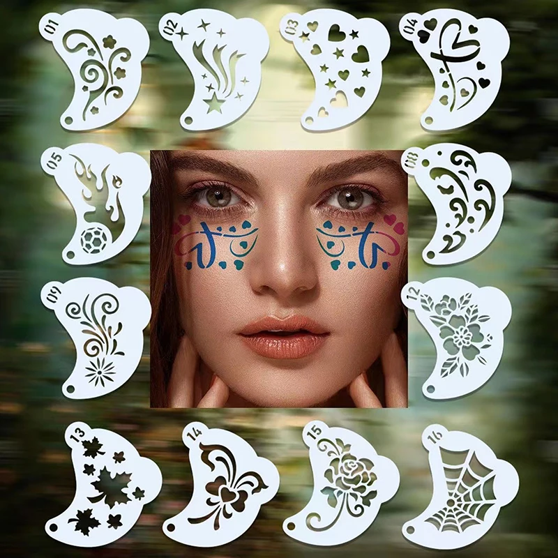 16Pcs Face Painting Tattoo Stencil DIY Hand Drawn Spray Painting Eyebrow Tattoo Template Dance Party Makeup Tools Beauty Sticker