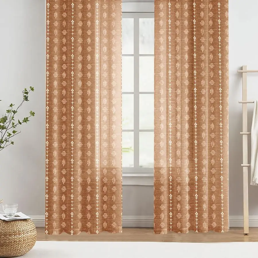 

Burnt Orange Curtains 96 Inches Long Boho Farmhouse Terracotta Long Drapes 2 Panels Bedroom Rust Semi Sheer Rod Pocket Window Cu