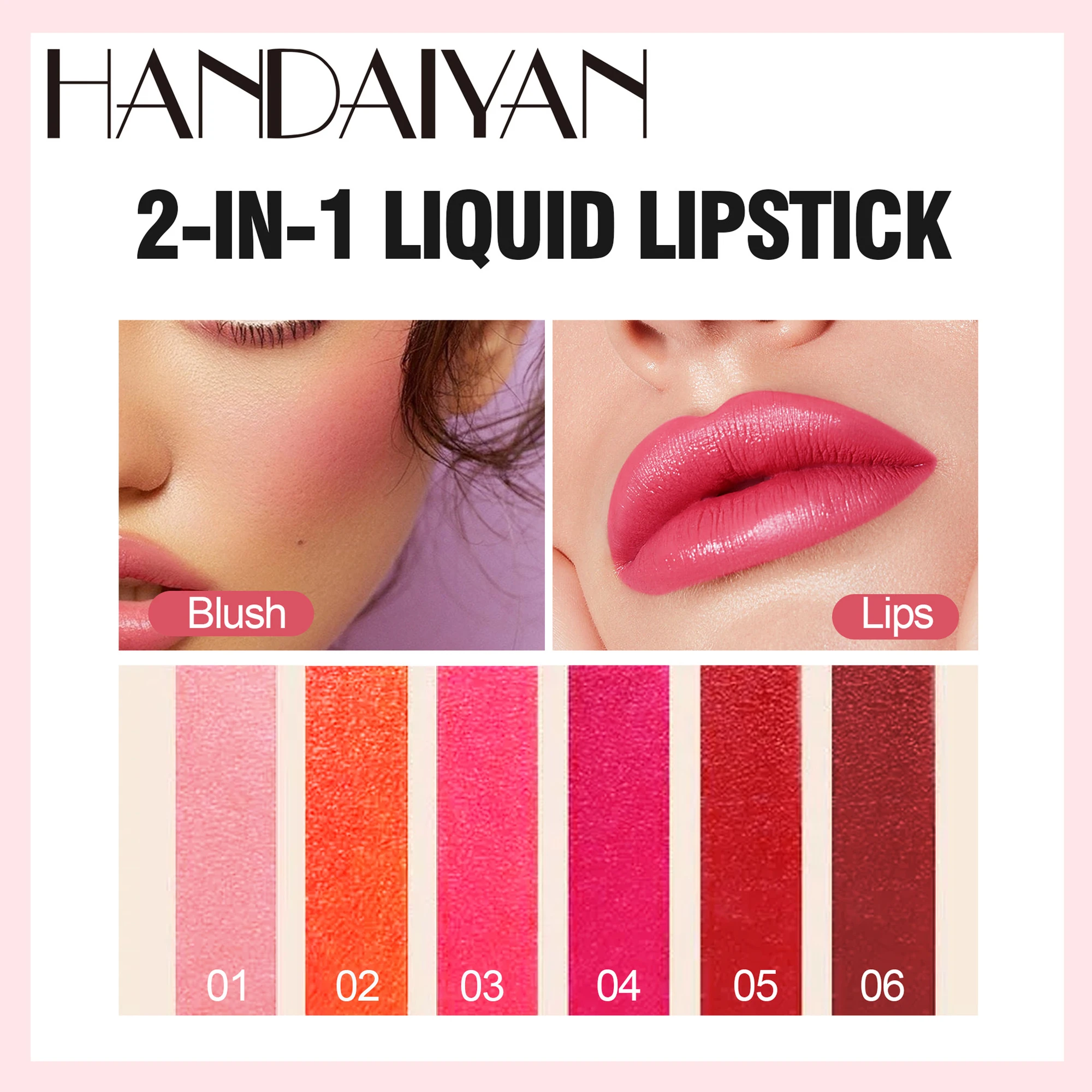 HANDAIYAN 6 Colors Lip Tint Stain Cheek Tint Moisturizing Liquid Lipstick Long-lasting Waterproof High Pigment Lipgloss