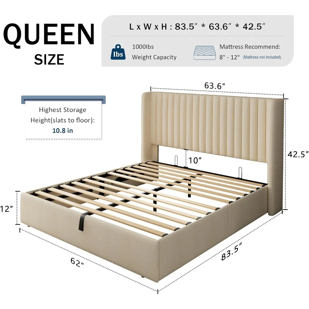 

"Queen Size Storage Bed with Upholstered Platform Frame, Wingback Headboard, and Hydraulic Lift Mechanism"