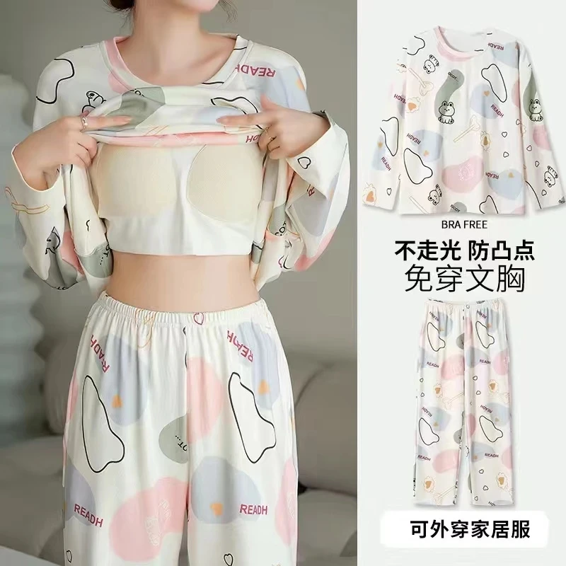 Women's Spring Fall Anti Bulge Point Pajamas Two-piece Set Long Sleeve Pullover Tops + Pants Sweet Sleepwear Home Suit Sets 4XL