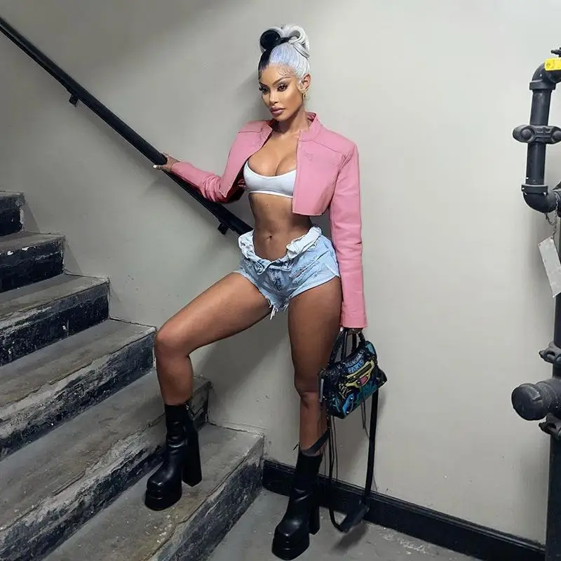 Sexy roze basic baseballjas motorfiets sle faion damestop of bovenkleding rechte buis ape pure kleur PU-materiaal