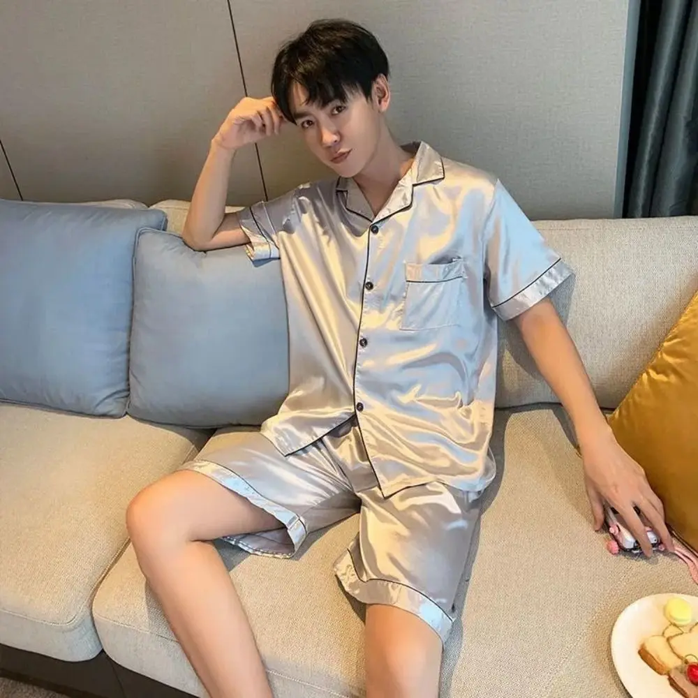 

Simple Stripe Men’s Pajama Suit Satin Silk Grid Short Sleeve Nightwear Loose Homewear Two Pieces Sleepwear Home