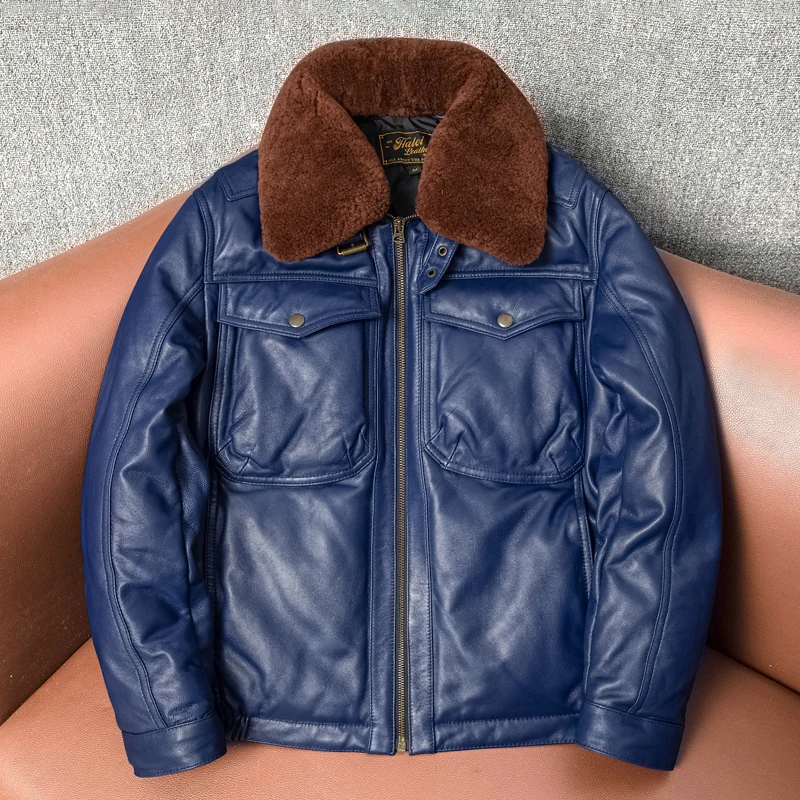 

Real Leather Men's ort Fit Jaet with Fur Collar Windproof Warm Winter Coat Youth Casual Sle Long Sve Zipper Closure