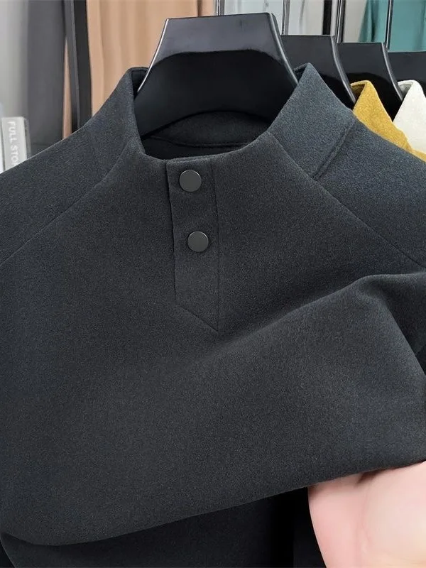 Thickened Double-Sided Men's Long Sleeve T-Shirt Button-Up Collar Warm Pure Color Versatile Winter Business Casual Top