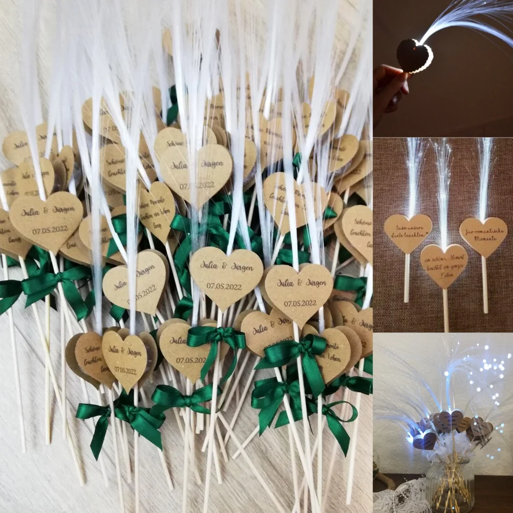 

10PCS European Wedding Decor Heart Glowing Fairy Stick with Ribbon Bow Paper Signature Book Place Card Wedding Favors for Guests