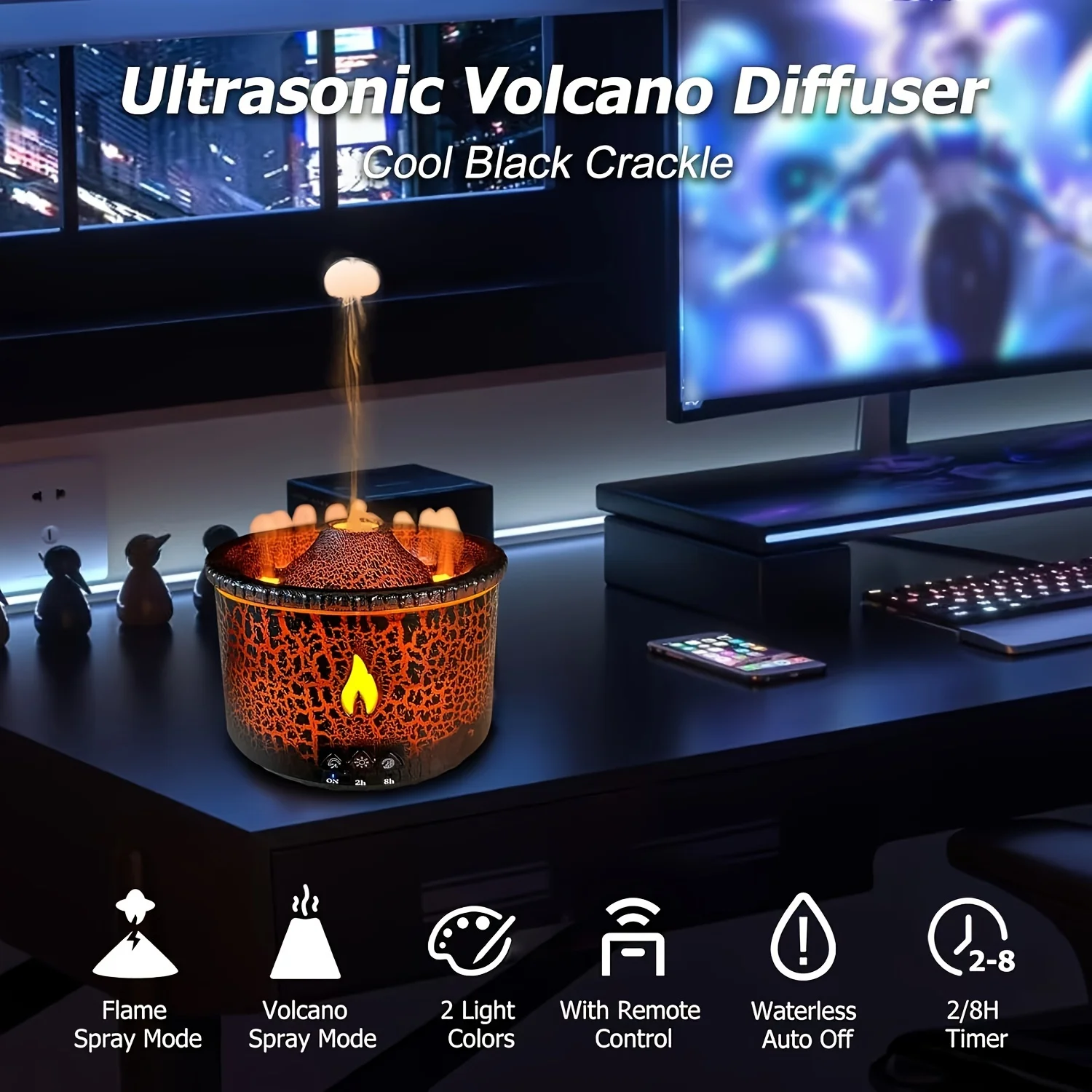 300ml Volcano Humidifier Essential Oil Diffuser with Flame, 6 Oils, Volcano Mist Mode, 2 Colors, Timer, Auto Shut-Off, Remote Co