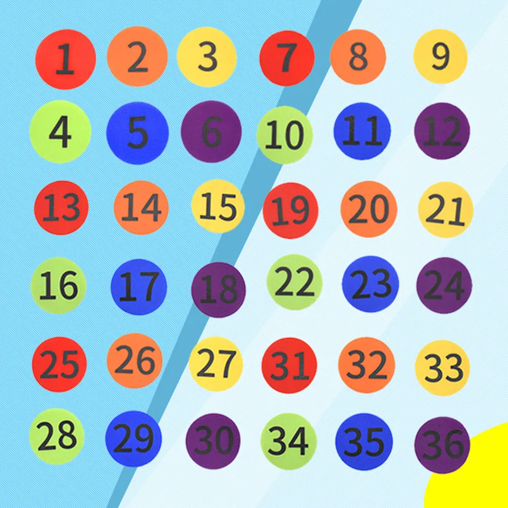 

Набор из 36 полиэстеровых наклеек-цифр (1-36) для пола, 6 цветов, многоразовые, не повреждающие поверхность, маркеры для позиционирования на вечеринках, для занятий йогой и фитнесом
