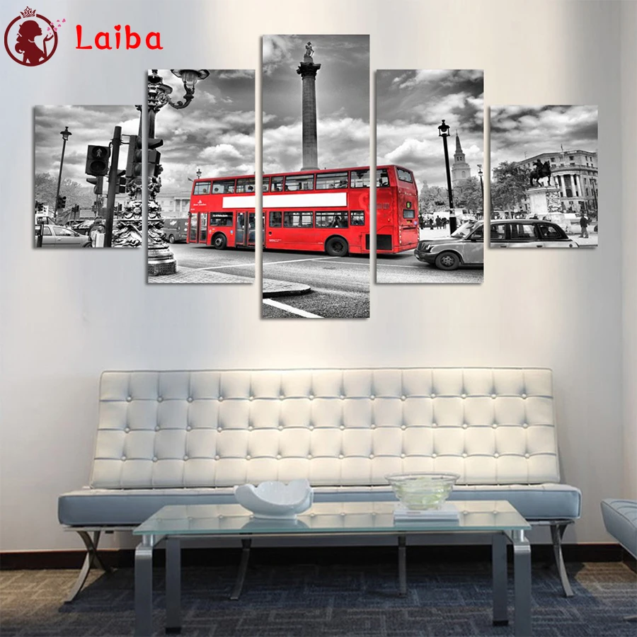 Diamante bordado ponto cruz mosaico pintura redonda, ônibus vermelho, broca completa, quadrado, decoração de casa diy, edifícios da cidade, 5 peças