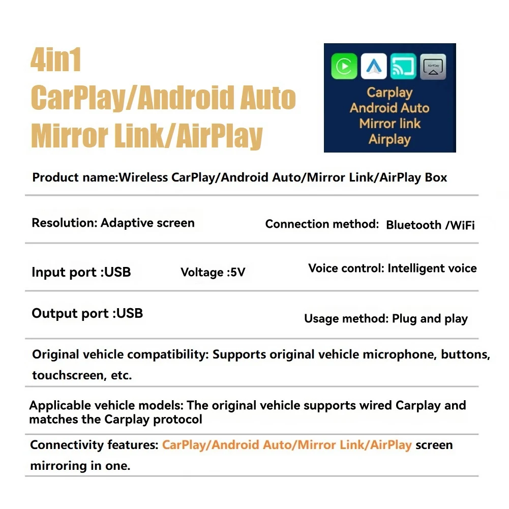 

【РЕКОМЕНДУЕМ】Беспроводной донгл 4-в-1 с поддержкой Airplay/Mirror Link/Android Auto/Carplay, интеллектуальная автомобильная система AI Smart Box