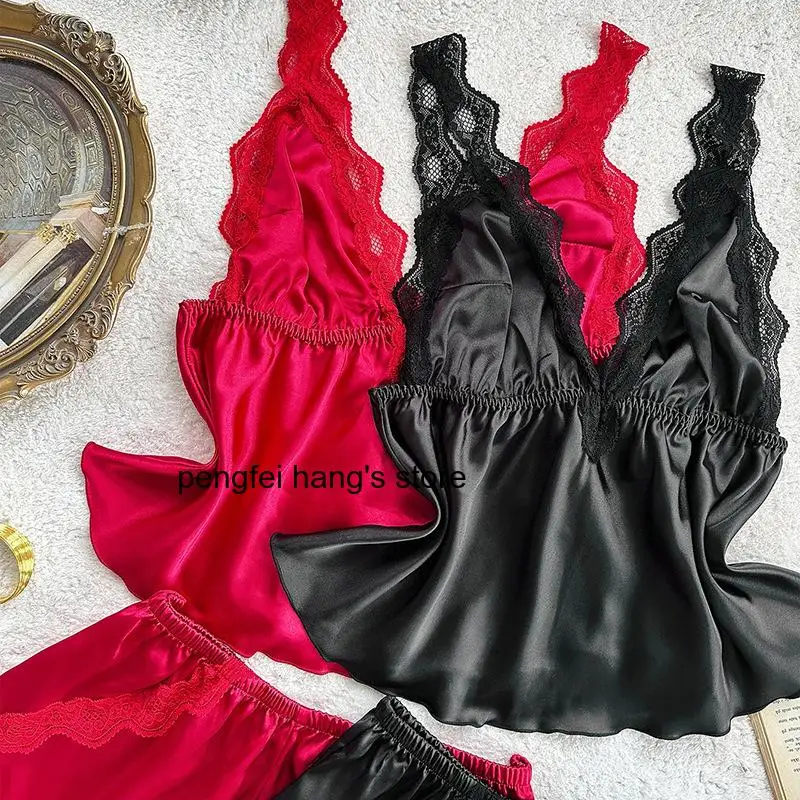 

2026 Satin Texture Women's Two-Piece Sleepwear Set, Summer Spaghetti Strap Top & Shorts Elegant Lace Back Cutout Home Loungewear