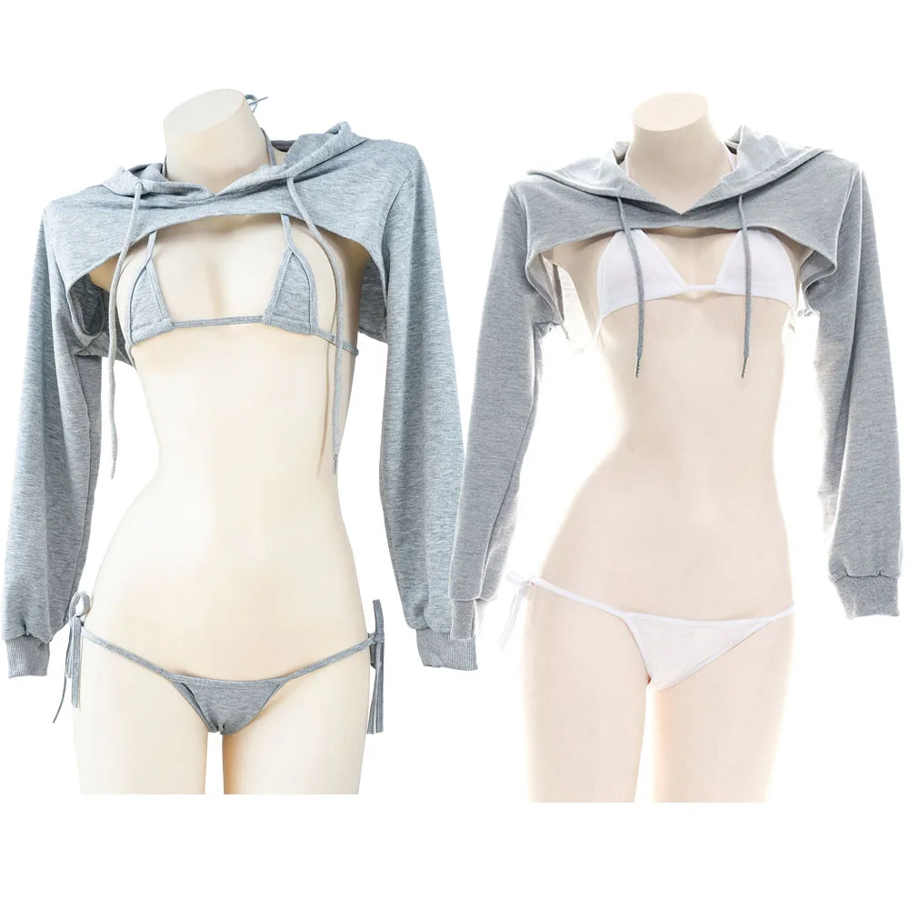 Amine Backless Hooded Long Sleeve Bikini Set Sexy Japanese Three Point Swimsuit Girls Mini Underwear Student Costume Cosplay