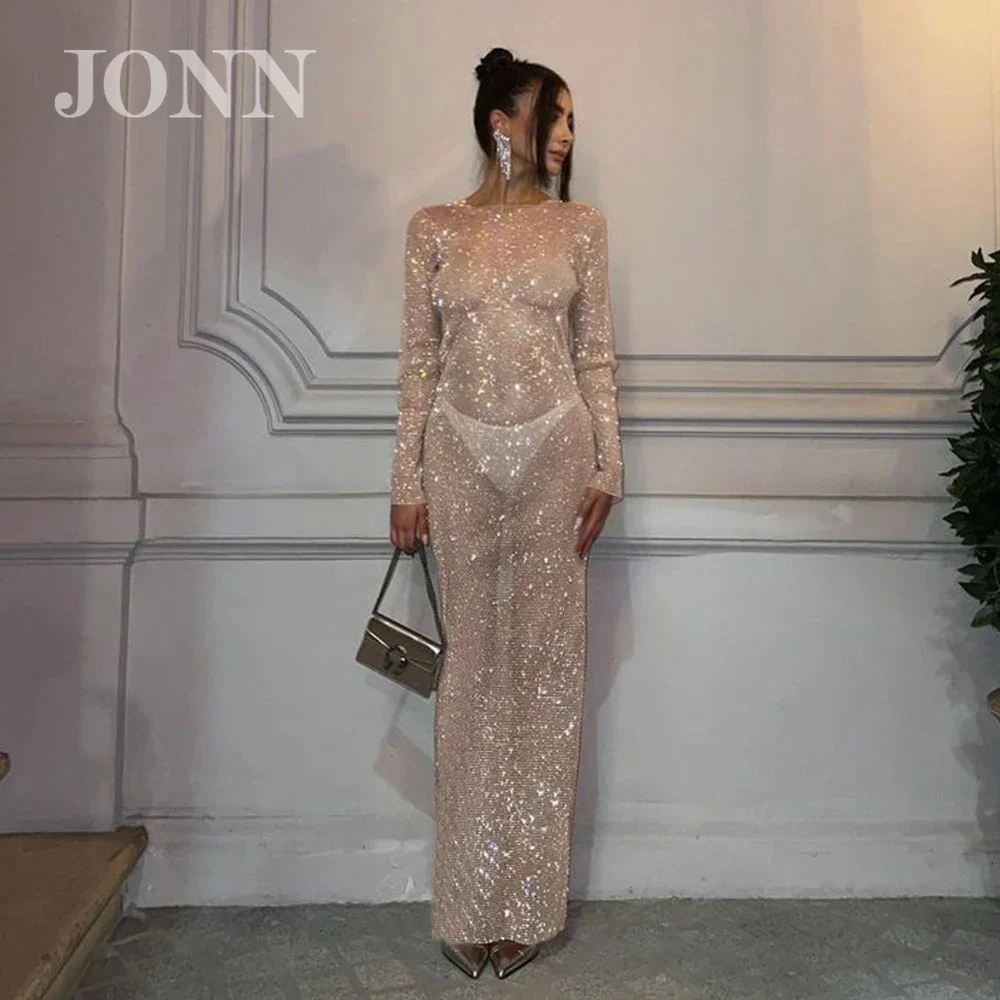 

JONN New Women's Fashion Luxury Sexy Long Sleeve Diamond Mesh Long Sleeve Dress Elegant Celebrity Party Dress Trendy Glamorous