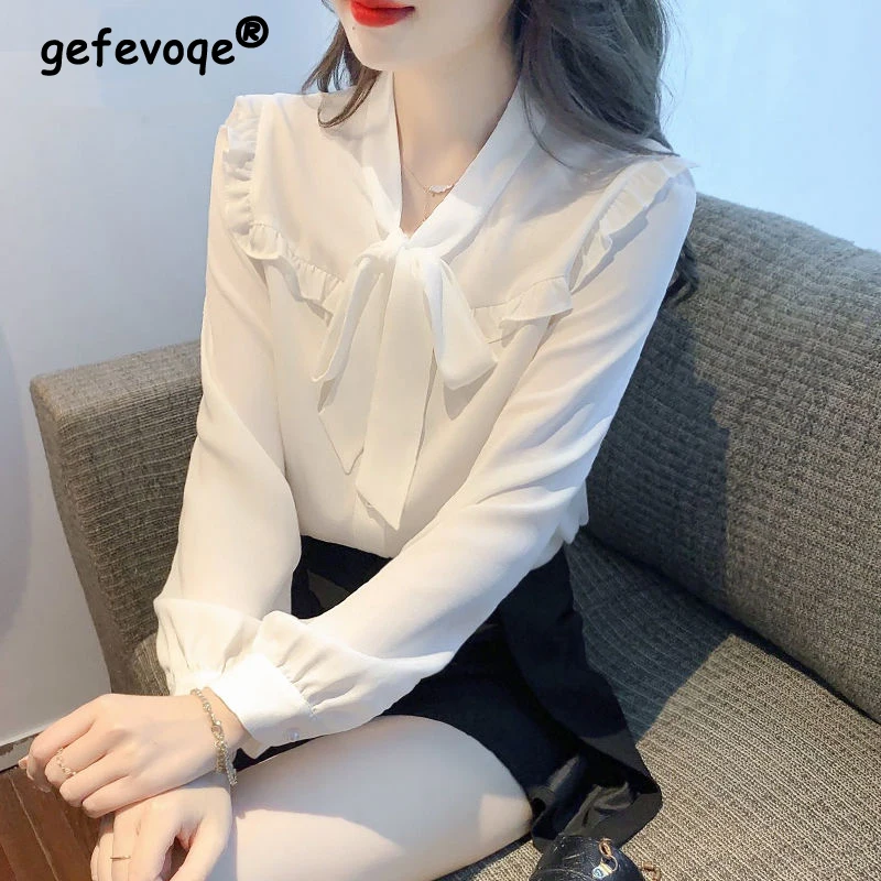 

Women French Style Ruffled Lace Up Bow Chic Shirts Spring Autumn Trendy Long Sleeve Elegant Blouses White Sweet Fairy Tops Blusa