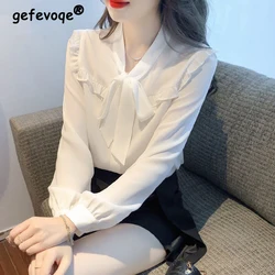 Women French Style Ruffled Lace Up Bow Chic Shirts Spring Autumn Trendy Long Sleeve Elegant Blouses White Sweet Fairy Tops Blusa