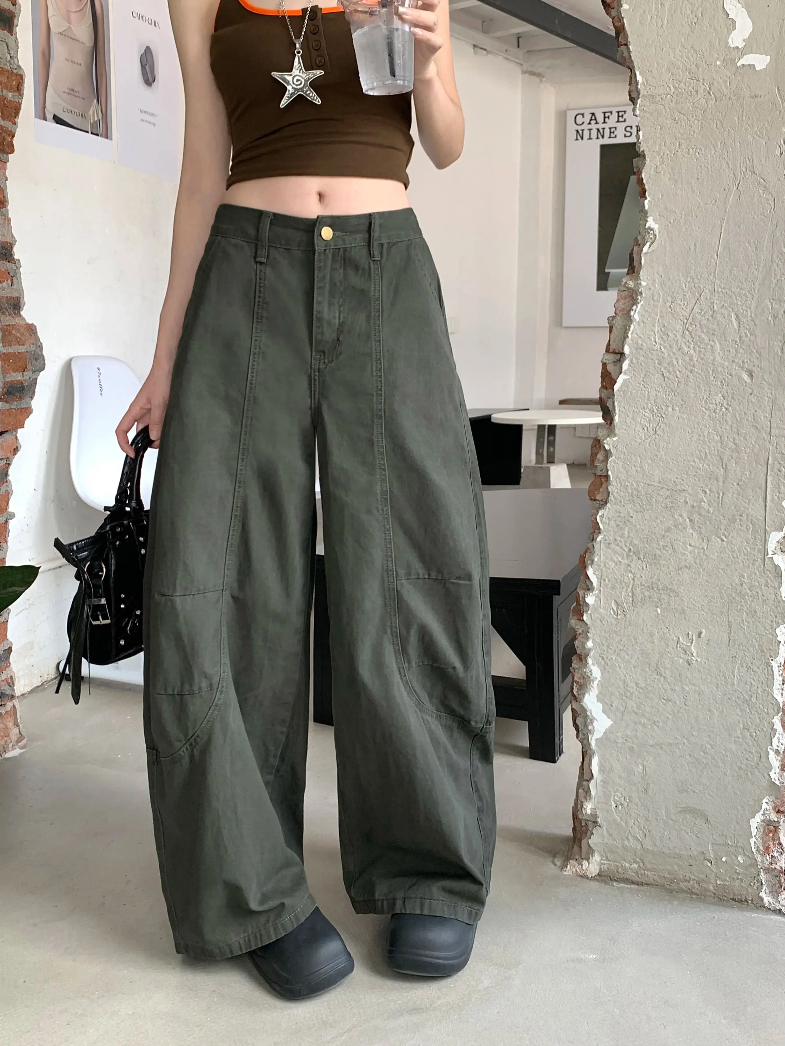 

Women's Green Casual Cargo Jeans Baggy Y2K Harajuku High Street Aesthetic Fashion High Waist Wide Leg Retro Jeans Clothing 2025
