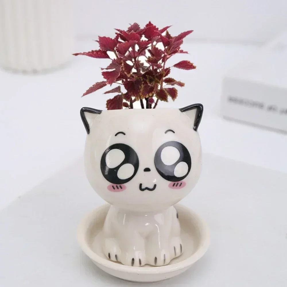 Ceramic Flowerpot Mini Cat Shaped Cartoon Cute Potted Plant Desktop Potted Expression Cat Plant Pot Desk Decorate Small Ornament