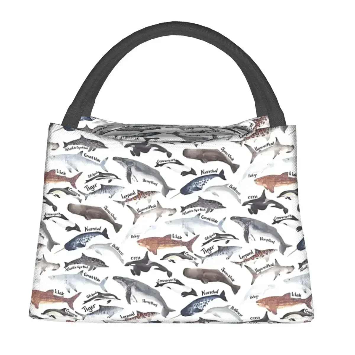 Types Of Whales, Sharks And Dolphins Watercolour Lunch Bags Insulated Bento Box Lunch Tote Picnic Bags for Woman Girl Travel