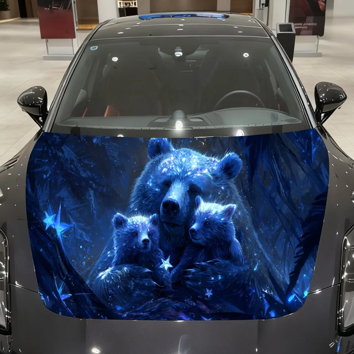 

Starfield Blue Bear Family Car Vinyl Wrap, PVC Material Waterproof Car Hood Sticker, Self-Adhesive Scratch-Resistant Stickers fo