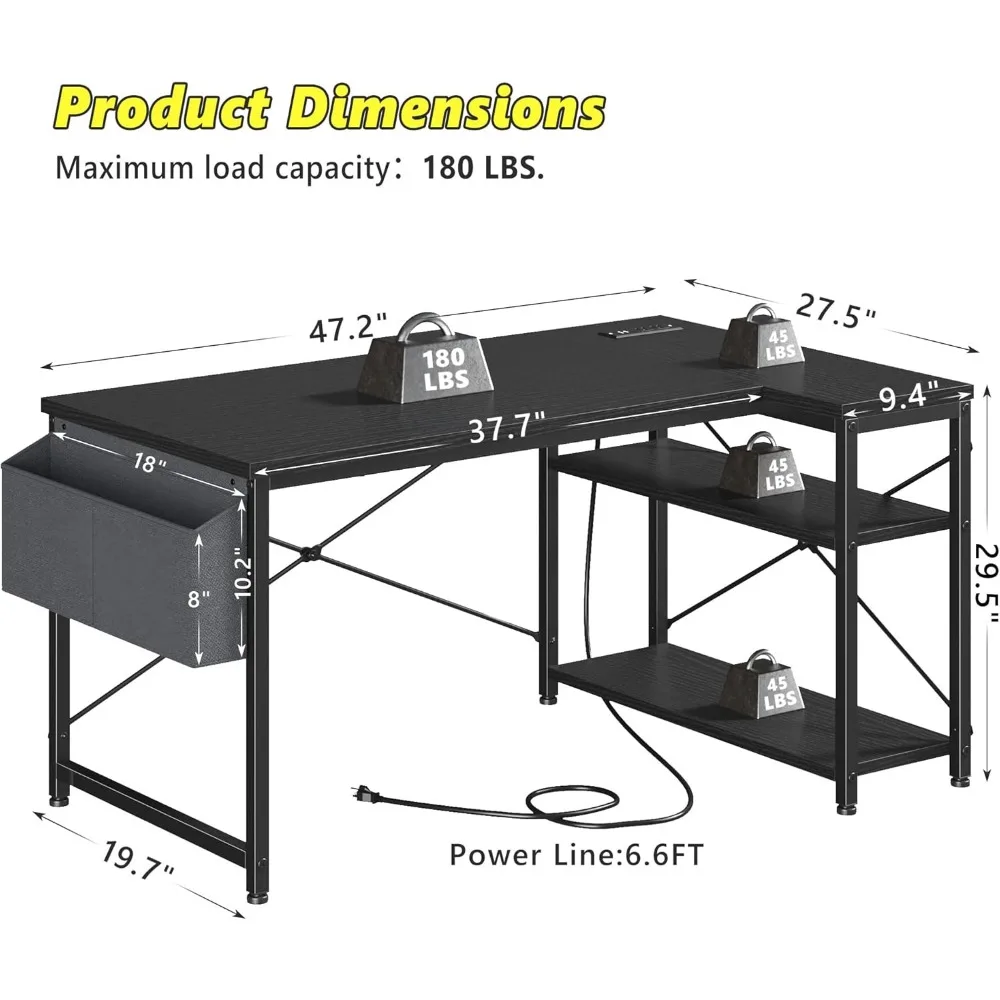 47" Computer Desk with Power Outlets,L Shaped Desk with Storage Shelves,Home Offic Corner Desk for Work,Writing Study