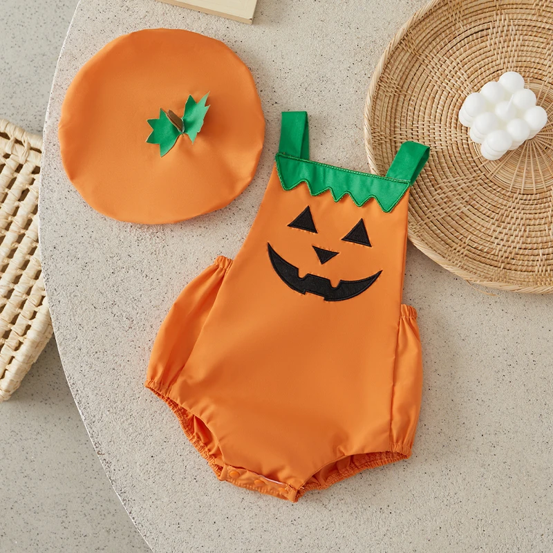 

Suefunskry Baby Girl Summer Jumpsuit Casual Halloween Pumpkin Print Sleeveless Romper and Hat Set Cute Fashion Clothes Outfits