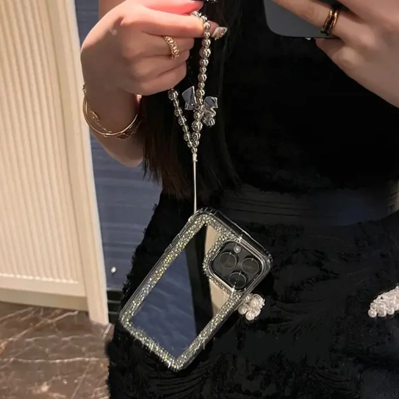 Luxury Glitter Diamond Make-Up Mirror Love Heart Chain Phone Case For iPhone 16 15 14 Plus 13 12 11 Pro Max Protect Back Cover