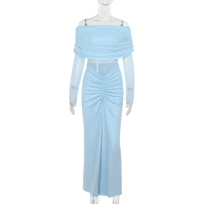 JY24475 Off-Shoulder Mesh Verzameld Voor Vrouwen Socialite Stijl Modieuze Elegante Sexy Iets Sheer Slim Fit Lange Jurk