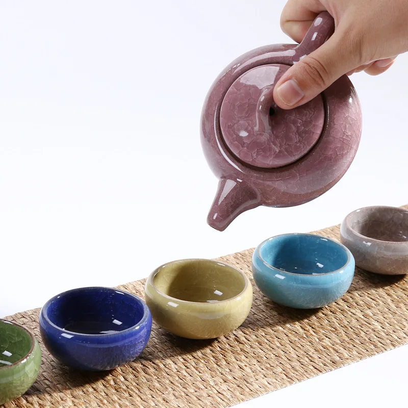 Seven Color Ice Crackle Glaze Complete Set of Crackle Tea Set Fixed Color Gift Kung Fu Tea Set Home Gift