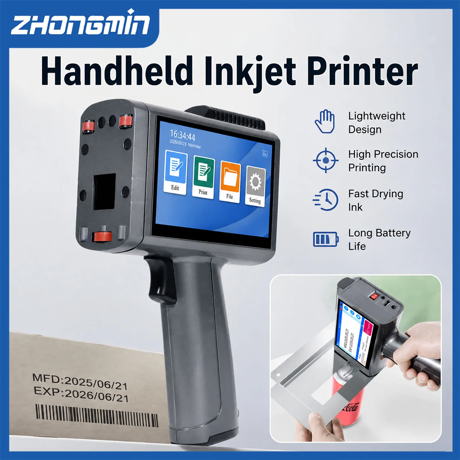 ZM-120L 12.7mm Handheld Inkjet Printer TIJ Portable Label Printer Batch Code Date Number QR Bar Logo Expiry 28 Languages