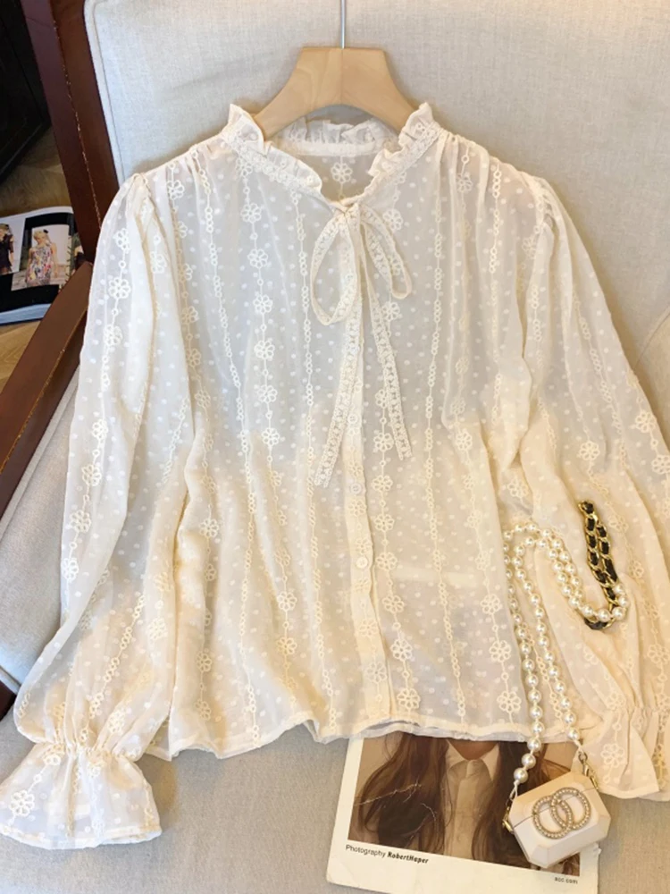 

Корейская женская блузка с длинным рукавом и кружевом, весенняя новинка, милая, омолаживающая, с узлом, маленькая блузка для прогулок