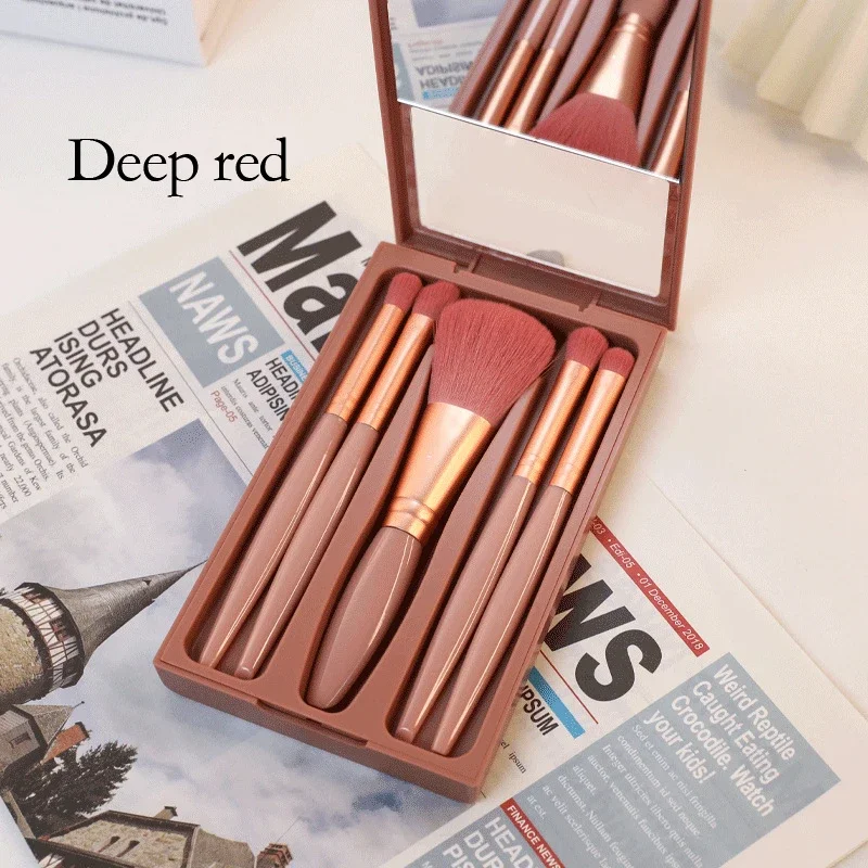 Conjunto de pincéis de maquiagem portátil com espelho para viagens - destaque labial, sombra e base em pó para mistura de ferramentas cosméticas