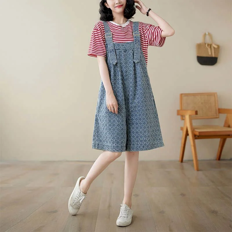 

Denim Jumpsuits 2026 Summer Fashion Printed Pants Korean Style Wide Leg Shorts Loose Playsuits One Piece Outfits Women Clothing