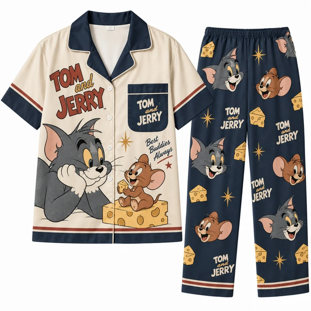 Tom and Jerry Home Pajama Set Cartoon Casual Home Clothes Unisex pajamas Leisure Men's T-Shirt Kid's Clothing Tee Y2k Woman ﻿