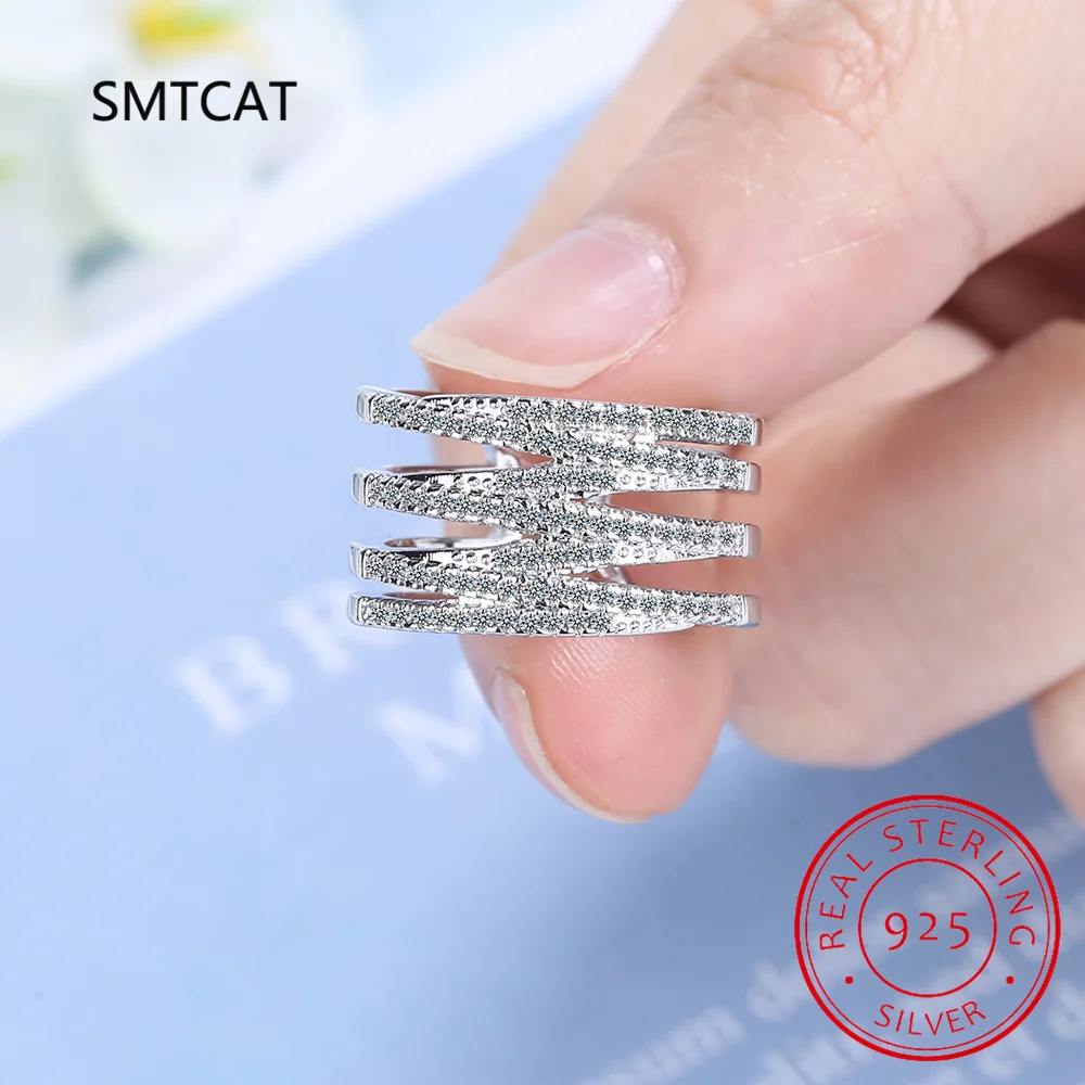 Simulated Moissanite Multilayer Wave Ring 925 Sterling Silver Full Diamond Eternity Band Engagement Wedding Stackable Ring