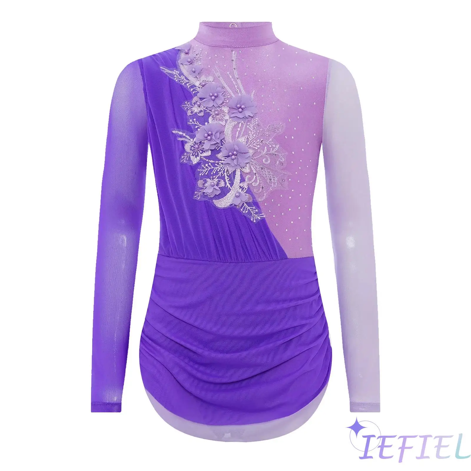 

Kids Girl Lyrical Ballet Leotard Mock Neck Sheer Mesh Long Sleeves Ruched Figure Skating Dance Dress Gymnastics Ballet Dancewear