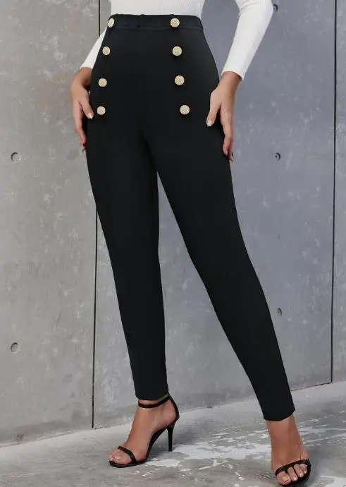 

New Casual Commuting Versatile Elastic Waistband Double Breasted Tight Knit Pants for Women