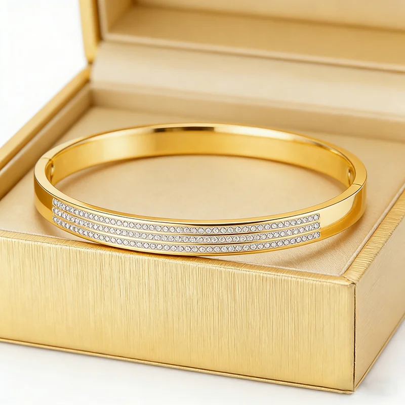 Crystal Inlay Bangle Bracelet Set – Gold, Silver, Rose Gold Stainless Steel Stackable Jewelry for Women