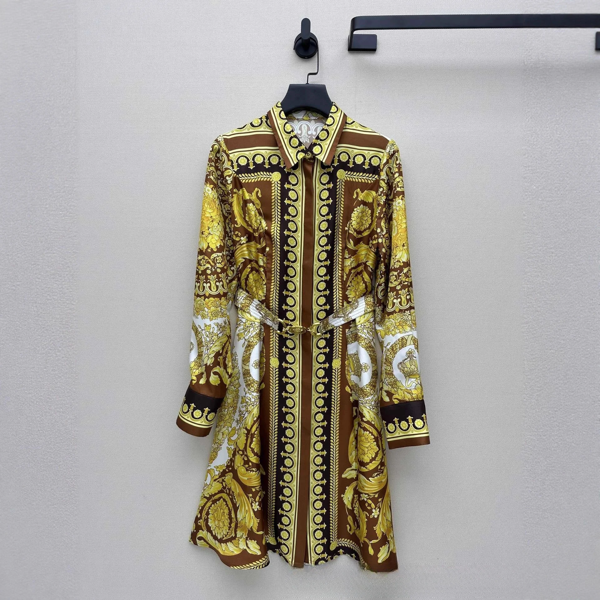 Women's Summer Light Luxury Printed Silk Long-sleeved Lace-up Shirt Dress