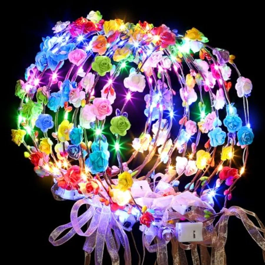 

50 PCS LED Flower Crowns Headbands with Ribbons, Light Up Flower Headband for Women, Glow in the Dark Party plies for Wedding B